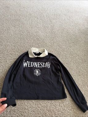 Zara Black Long Sleeve 'Wednesday' Tee with White Collar